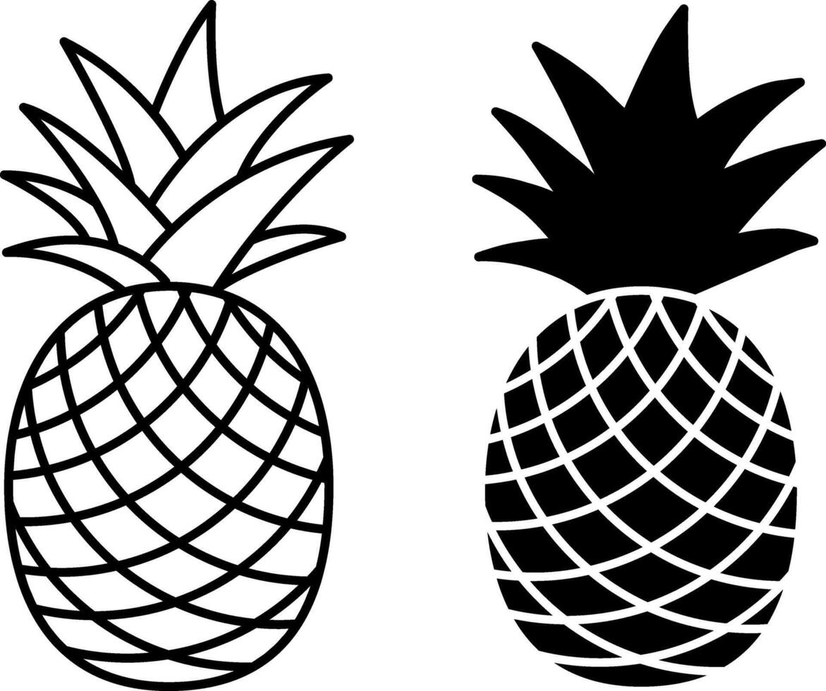 Pineapple Icons. Black And White Icons Of Tropical Plant. Natural And Organic Food. Sweet Dessert. Fruit Concept vector