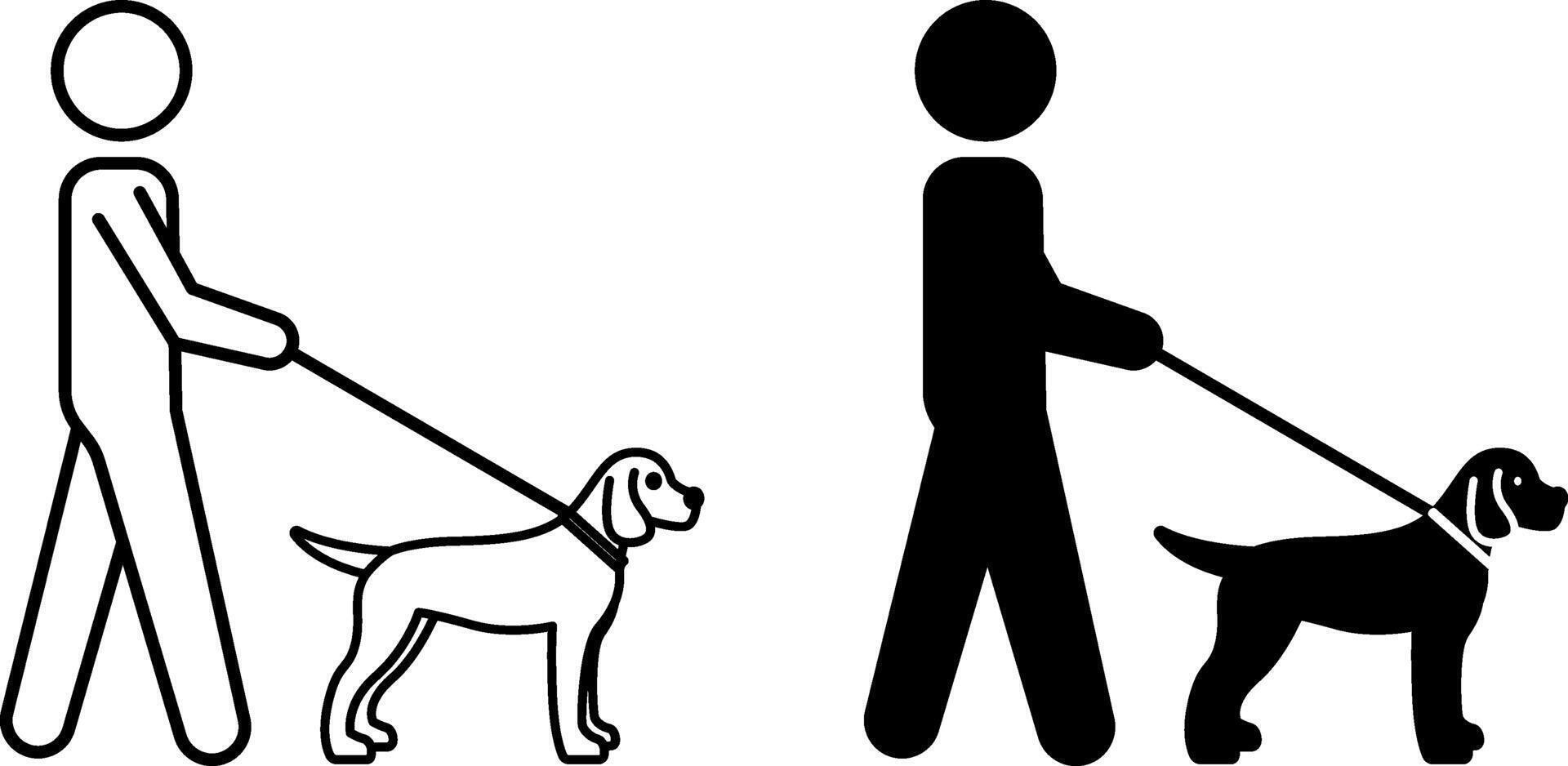Dog Walk Icons. Black and White Icons. Man Walking Animal on Leash. Pet Concept vector