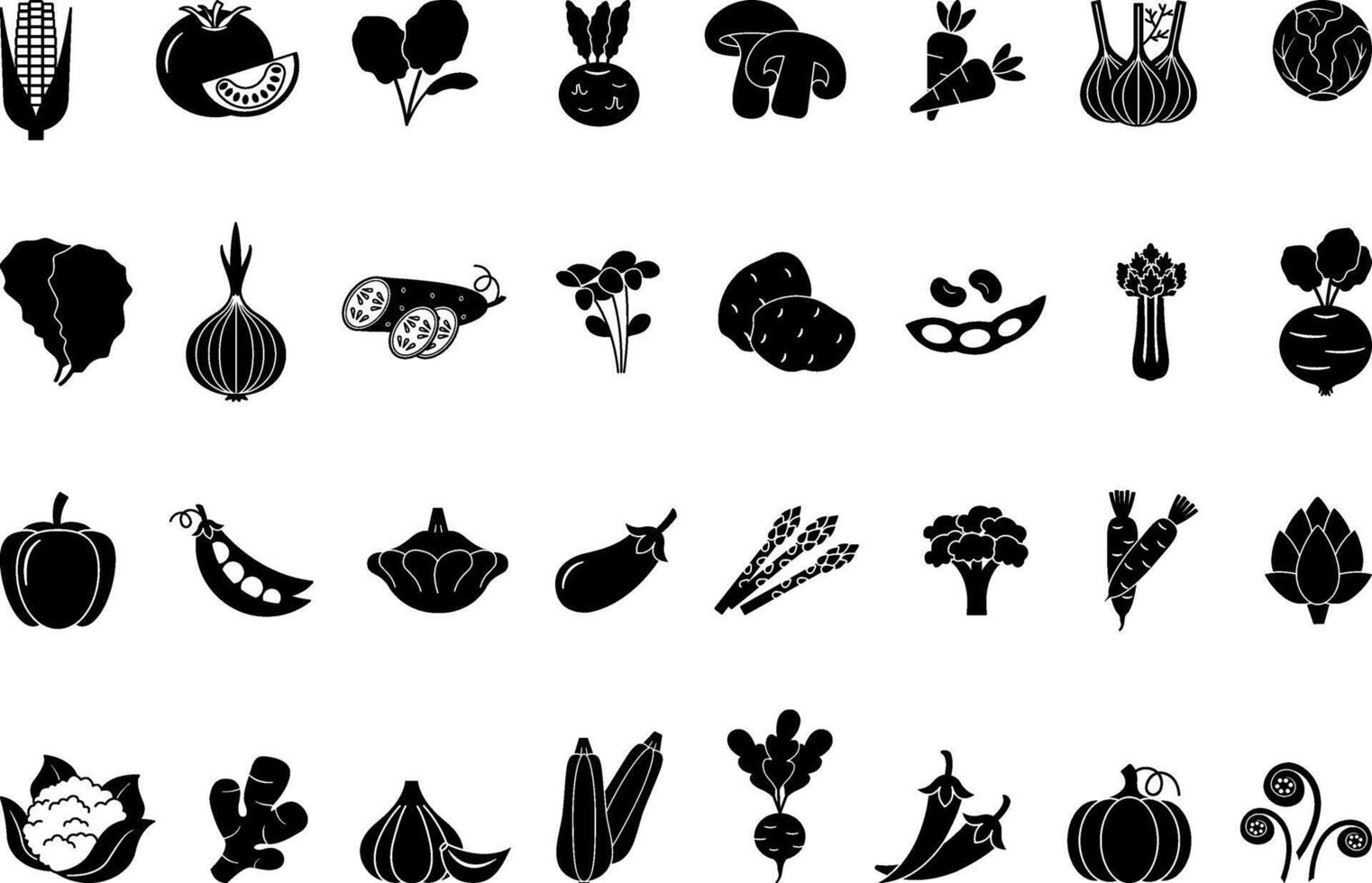 Black Set of Vegetables Icons. Organic Products. Icons of Tomato, Cucumber, Corn, Cabbage, Pepper, Potatoes, Radishes, Spinach, Carrots, Peas, Broccoli, Pumpkin and Others vector