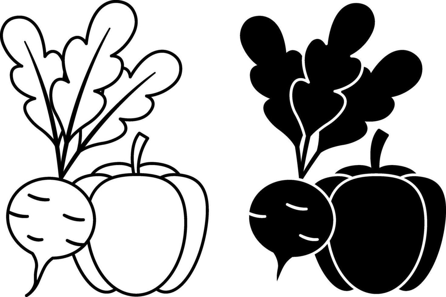 Vegetables icons. Black and White Icons of Radish and Paprika. Natural and Environmentally Friendly Product. Organic Farming Concept vector