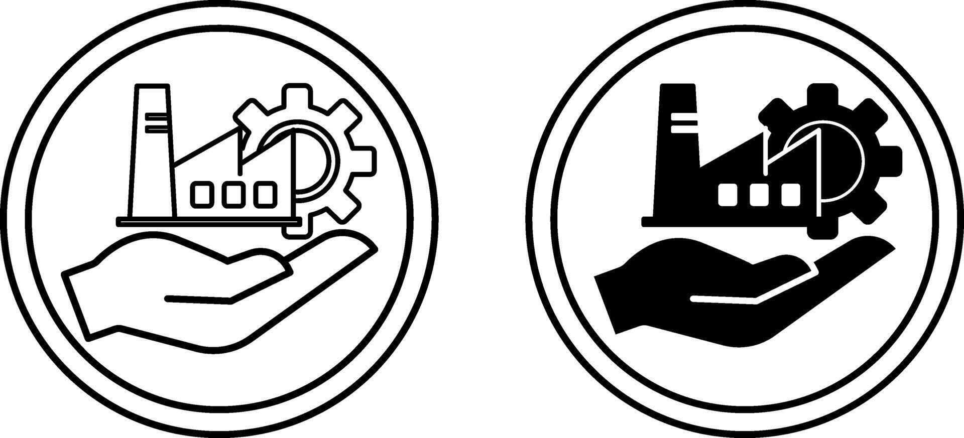 Responsible Manufacturing Icons. Black and White Icons. Industrial Factory and Gear on a Human Hand. Environment Protection Concept vector