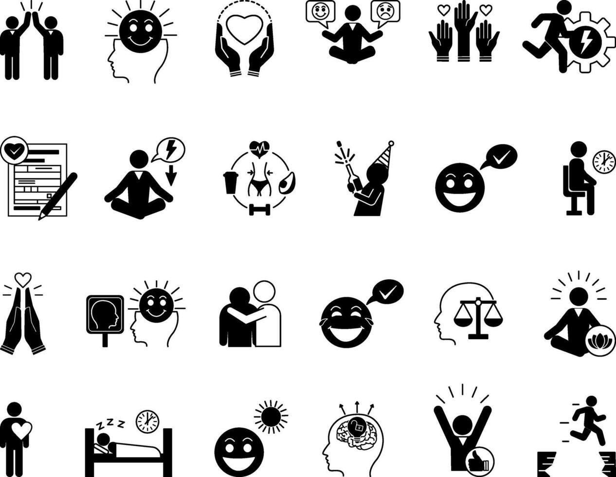 Black Set of Positive Thinking Icons. Icons of Healthy Lifestyle, Patience, Gratitude, Calm, Bravery, Positive Attitude, Optimism, Volunteer, Sympathy and Other vector