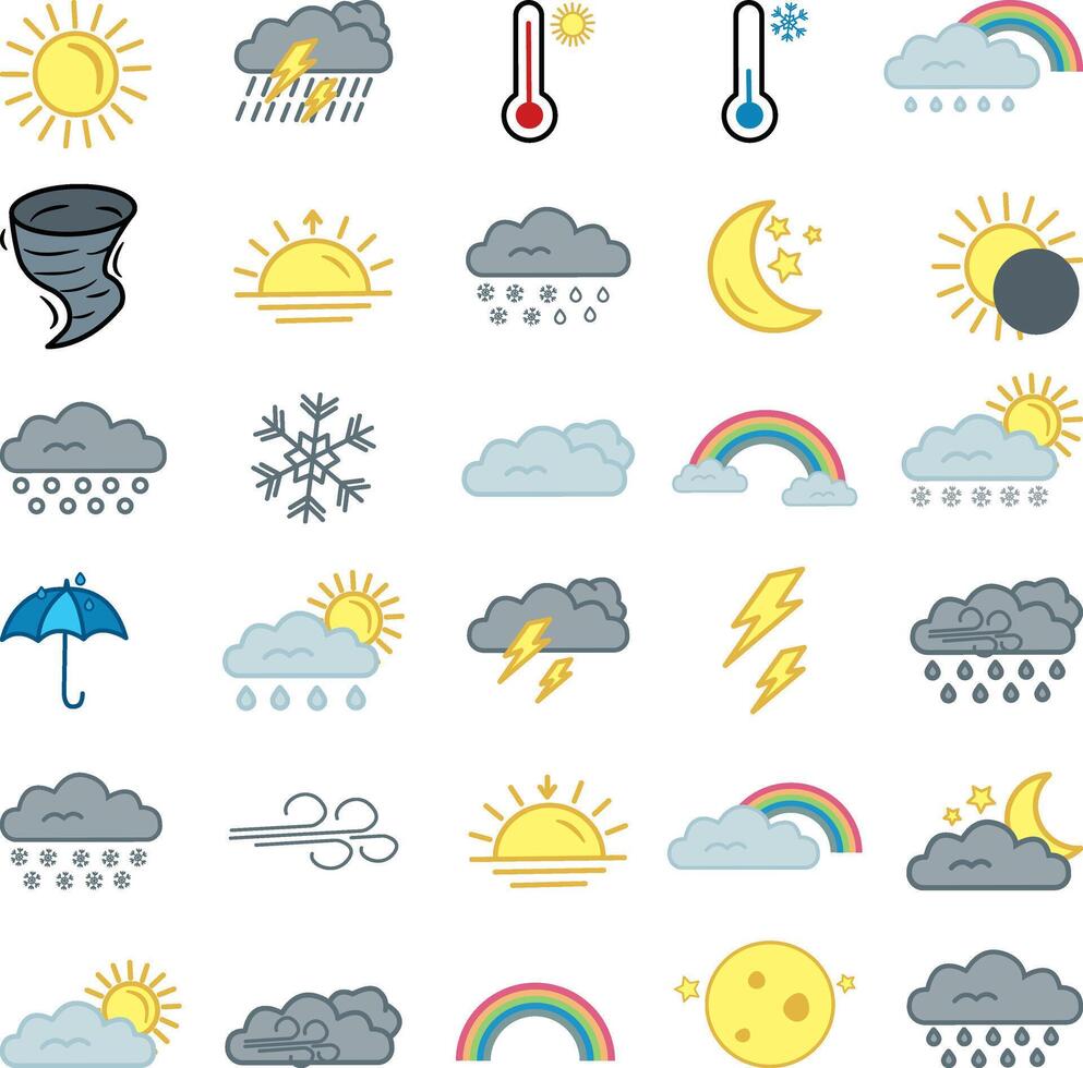 Set of 30 Colored Weather Icons. Collection of Meteorological Symbols. vector