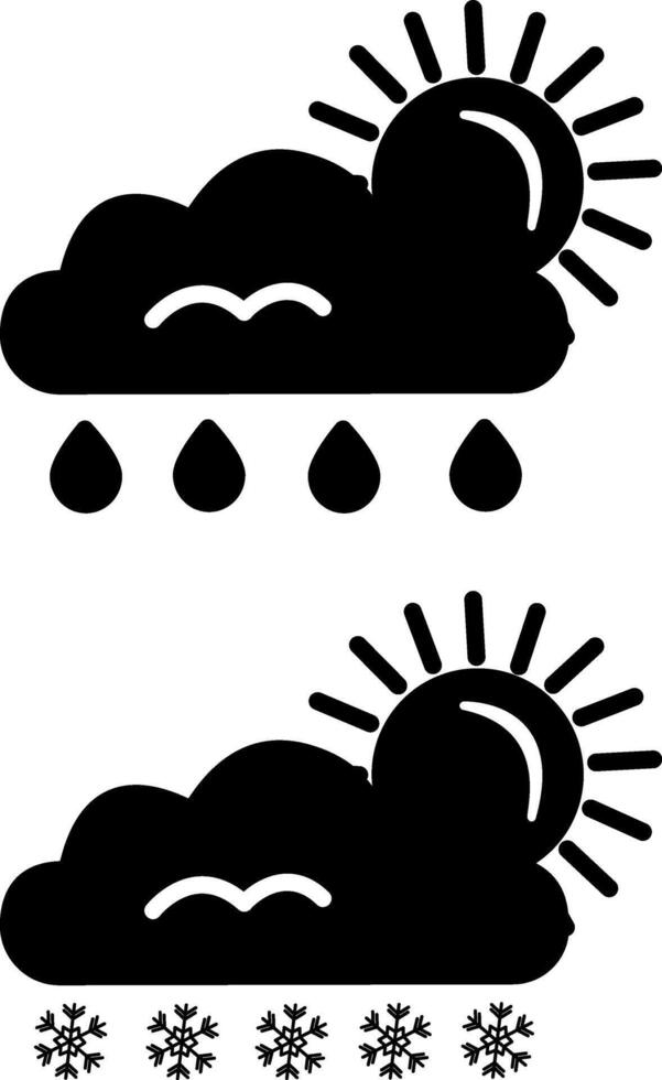 Black Icon of the Sun behind a Rainy Cloud. Black Icon of the Sun behind the Snow Cloud. Weather vector