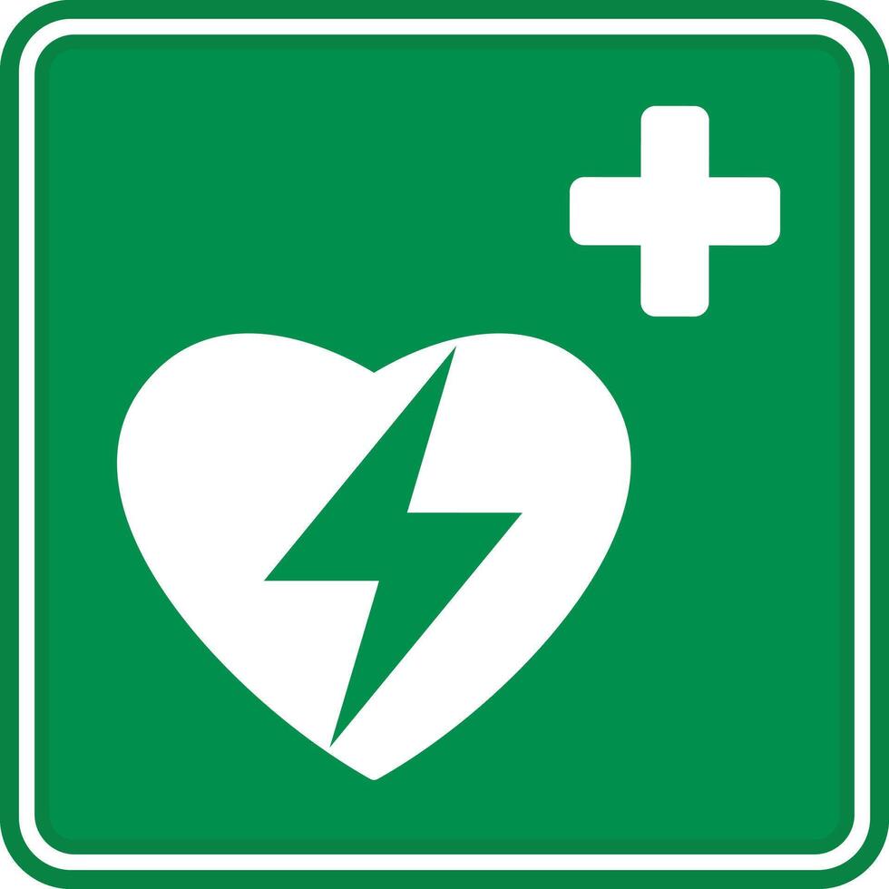 Green Sign Defibrillator. First Aid Sign. Automatic External Cardiac Defibrillator. Emergency Safety, Medical Equipment vector