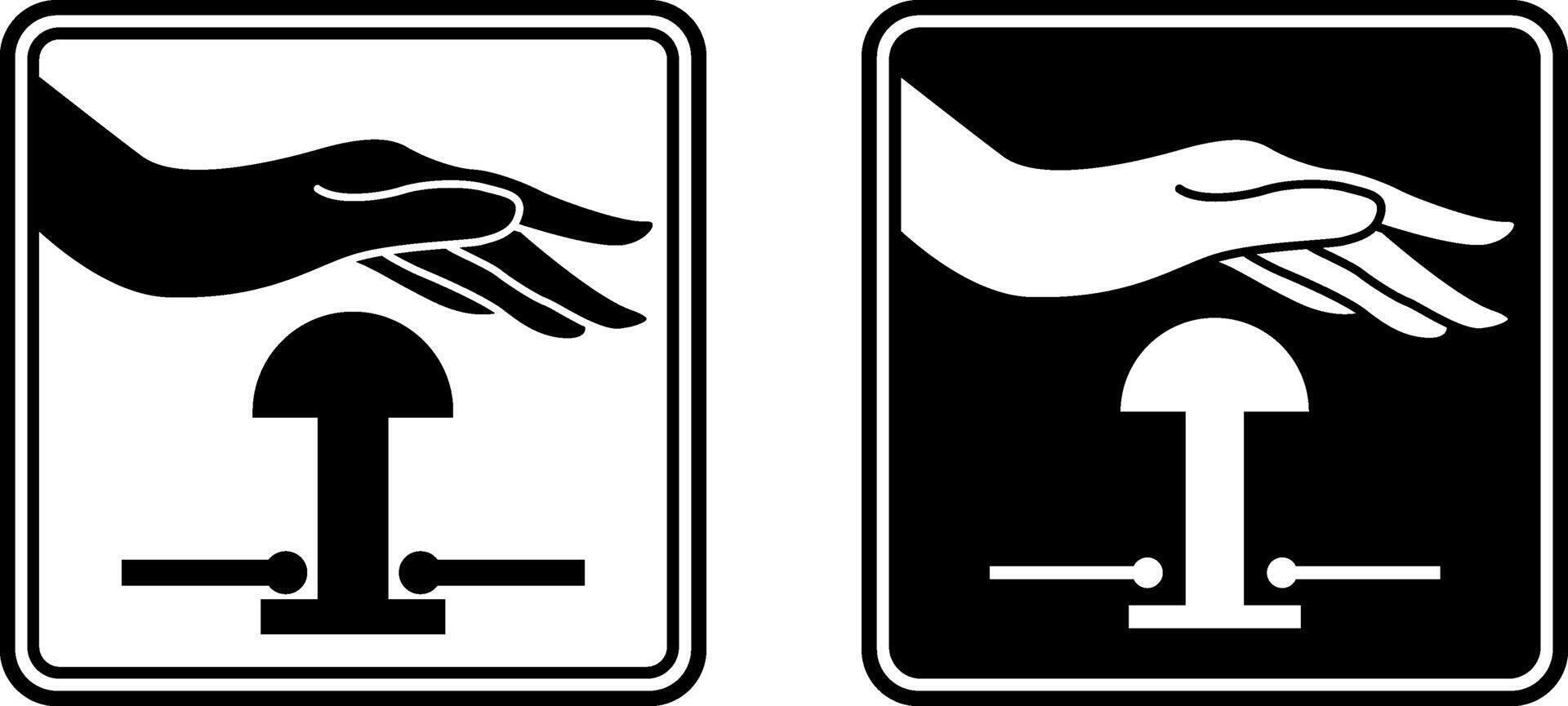 Emergency Stop Push Button Signs. Black and White Icons. Evacuation Sign. Industrial Safety, Observe Work Rules at the Facility. Emergency Situation vector