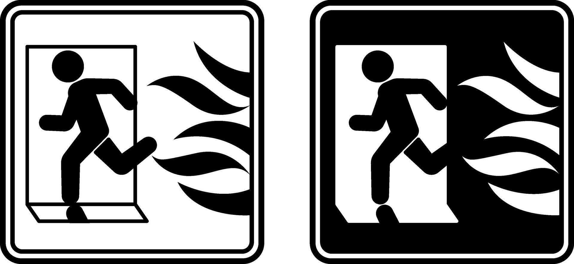 Fire Exit Signs. Black and White Icons. Fire Emergency Evacuation Symbol. Man Running to Fire Exit Door. Emergency Situation vector