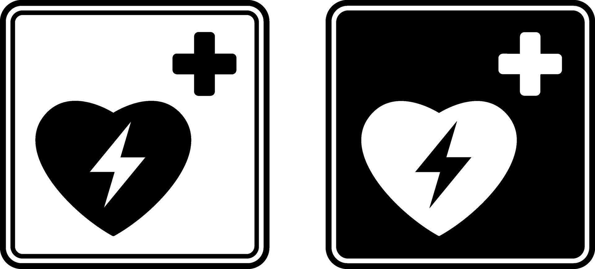 Signs Defibrillator. Black and White Icons. First Aid Sign. Automatic External Cardiac Defibrillator. Emergency Safety, Medical Equipment vector