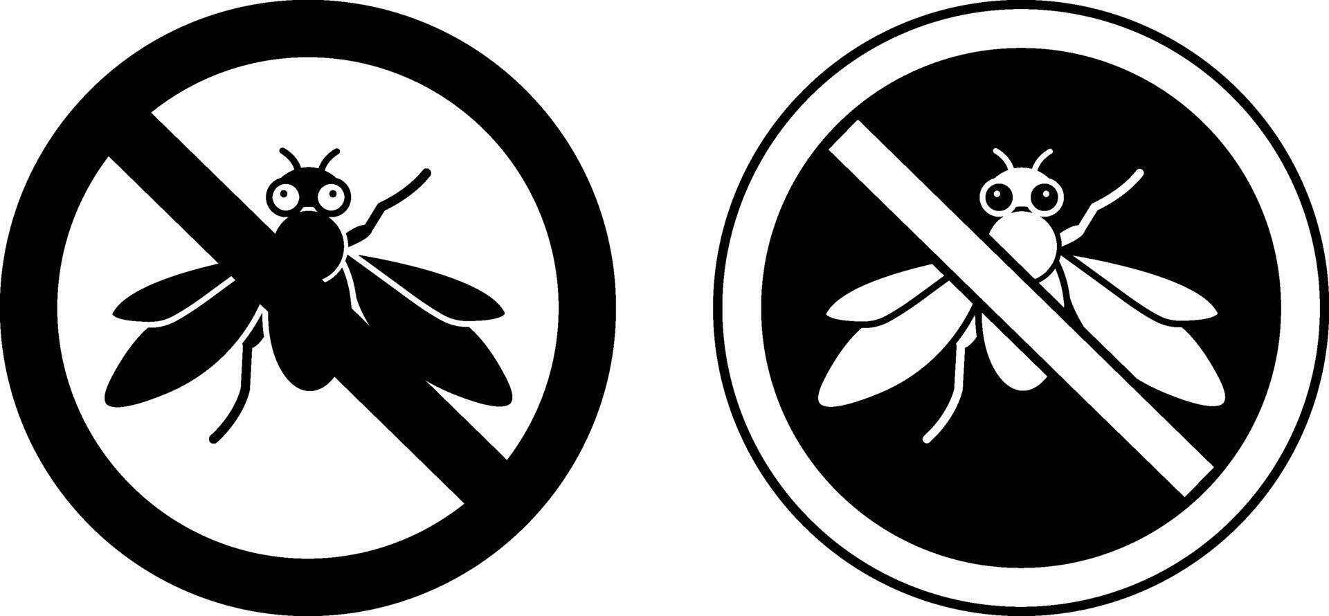Signs No Fly. Black and White Icons. Round Sign with Fly. Pest Control, Insect Extermination vector