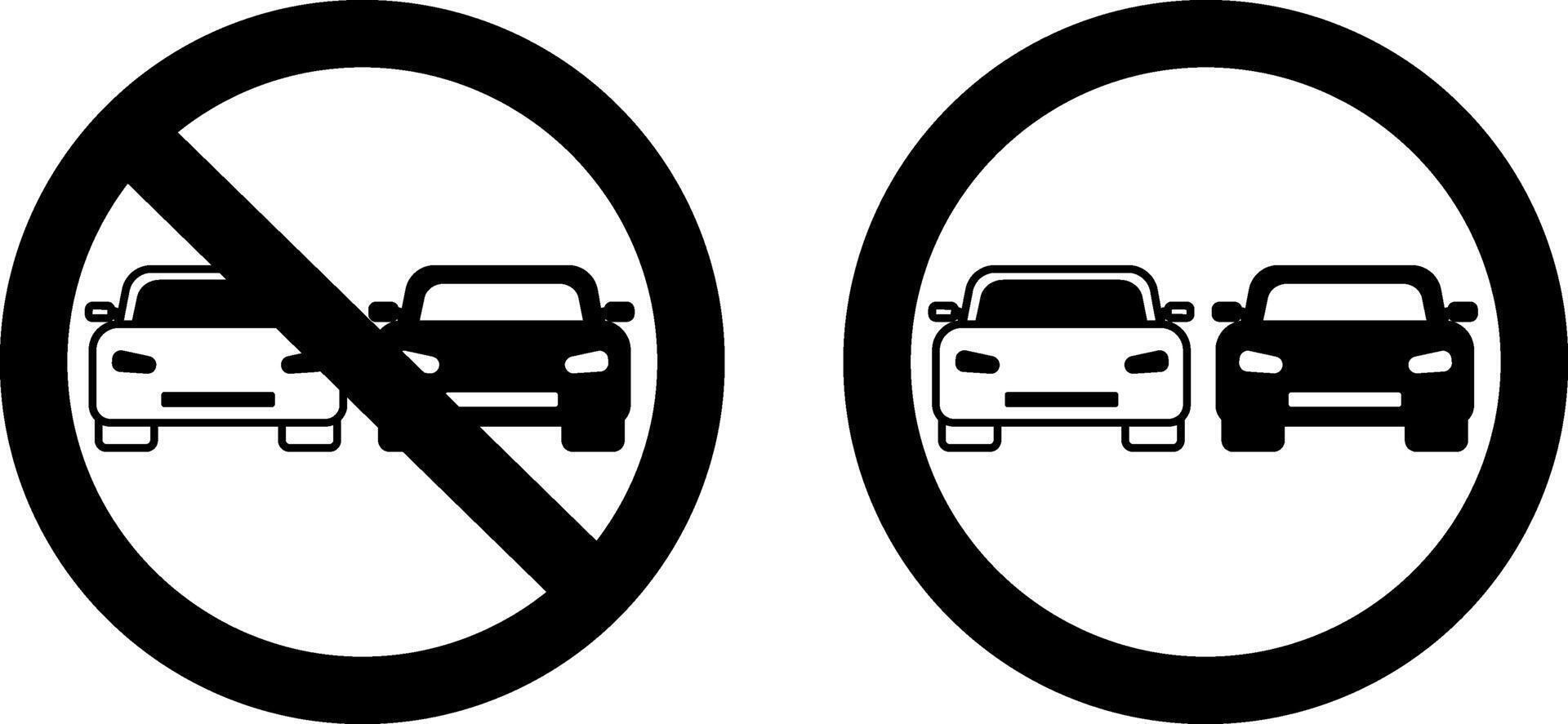 Signs Non Overtaking For Cars. Black and White Icons. Prohibitory Round Road Sign. Movement, Vehicle vector