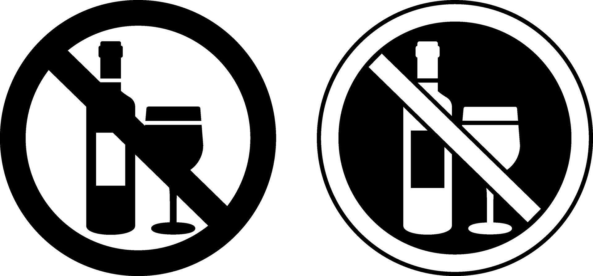 No Alcohol Signs. Black and White Icons. Prohibitory Sign. Wine Bottle and Alcohol Glass vector