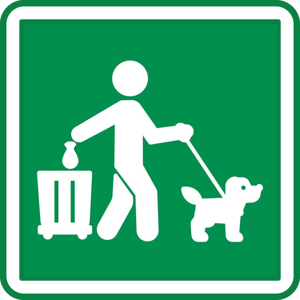 Green Sign Please Clean Up After Your Dog Poop. Warning Sign. Man Throwing Bag Of Dog Feces Into Trash Can vector
