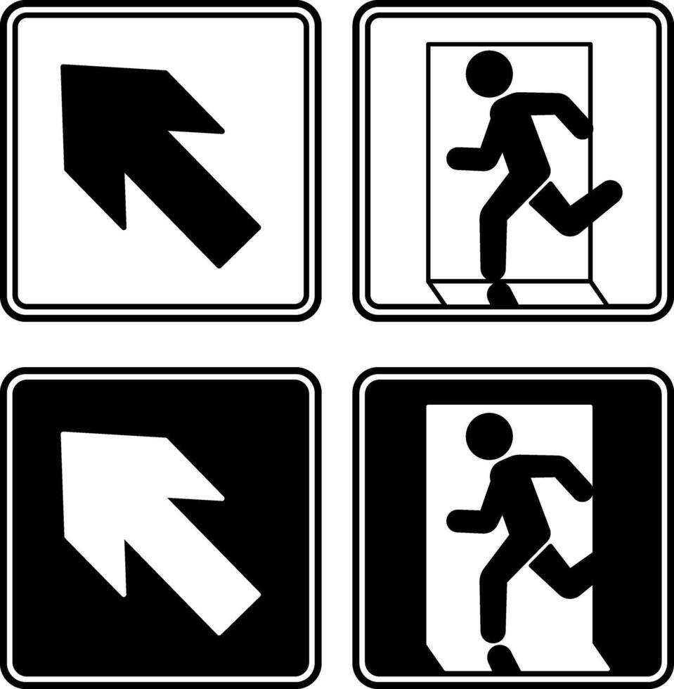 Signs Emergency Exit Pointing Up. Black and White Icons. Warning Sign. Man Running Towards Door. Emergency Evacuation Symbol vector