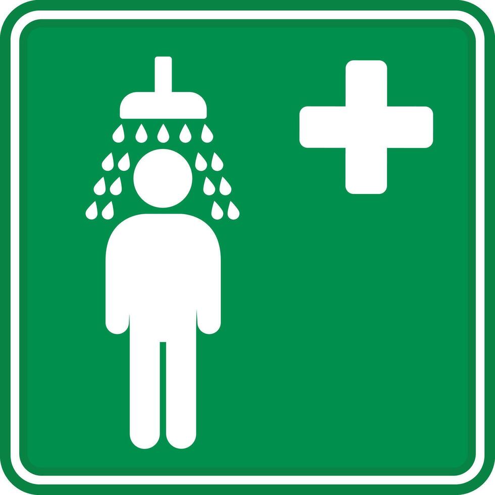 Green Sign Emergency Shower. Industrial Safety Sign. Man Taking a Shower. First Aid in Case of Chemical Splashes vector