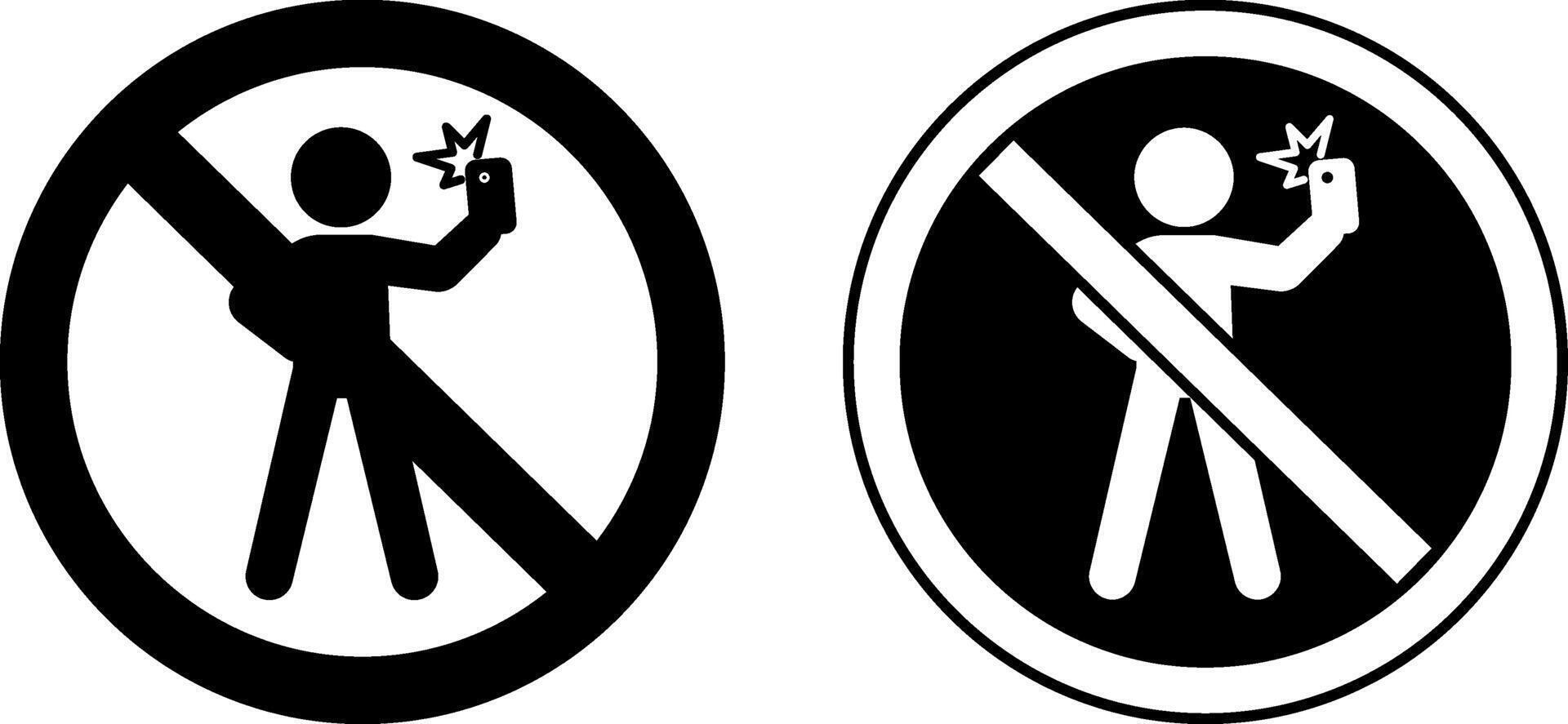 No Selfie Signs. Black and White Icons. Prohibitory Road Sign. Man Taking Selfie with Mobile Phone vector
