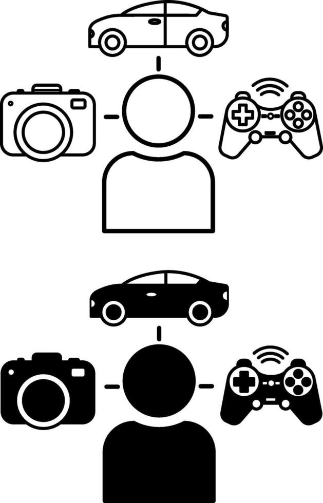 Hobbies icons. Black and White Icons. Person Passionate about Photography, Cars, and Games. Lifestyle Concept vector