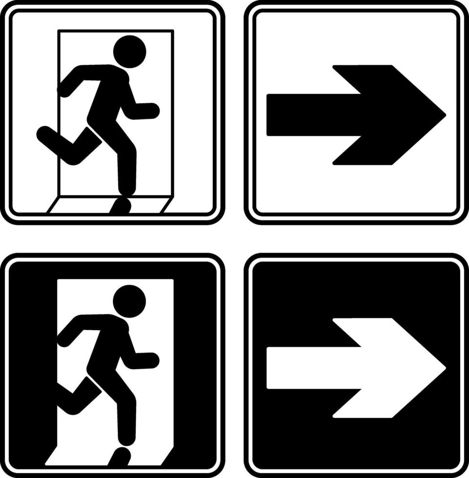 Signs Emergency Exit Pointing Right. Black And White Icons. Warning Sign. Man Running Towards Door. Emergency Evacuation Symbol vector