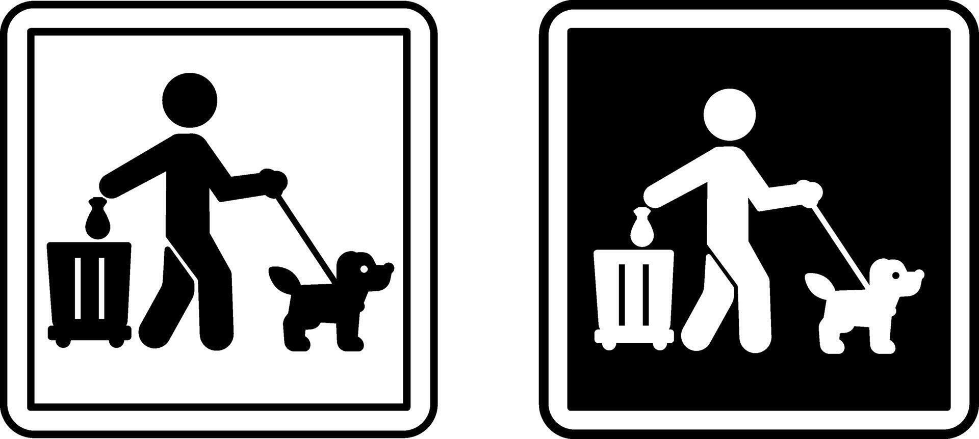 Please Clean Up After Your Dog Poop Signs. Black and White Icons. Warning Sign. Man Throwing Bag Of Dog Feces Into Trash Can vector