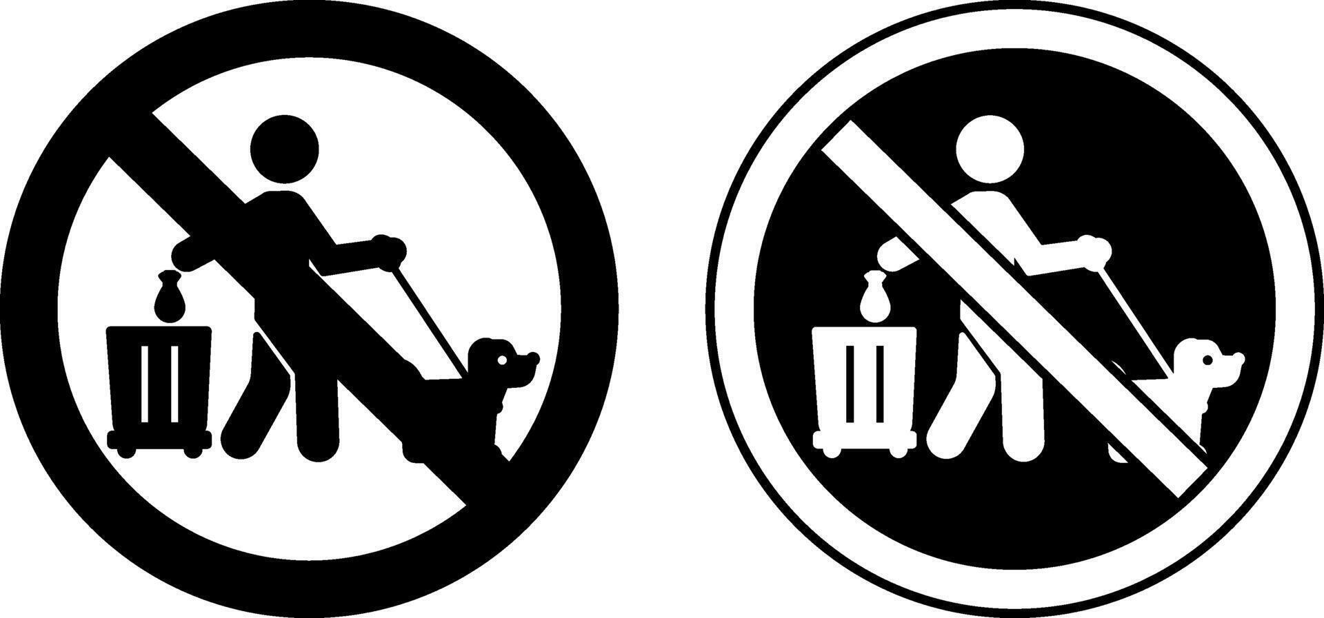 Please Clean Up After Your Dog Poop Signs. Black and White Icons. Round Warning Sign. Man Cleaning Up After His Pet vector