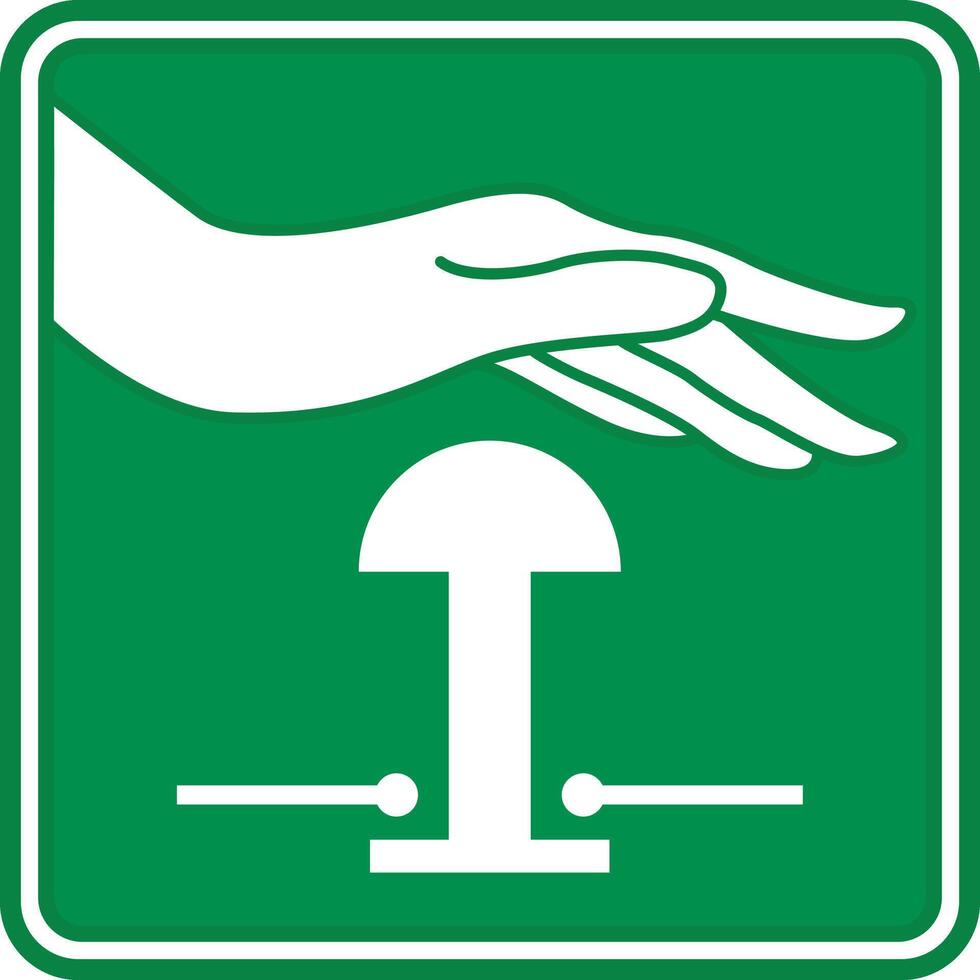 Green Sign Emergency Stop Push Button. Evacuation Sign. Industrial Safety, Observe Work Rules at the Facility. Emergency Situation vector
