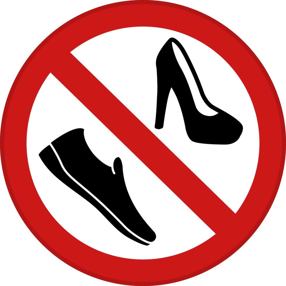 Red Sign Please No Shoes. Round Prohibition Sign. Women's Heeled Shoe and Slippers. Prohibition on Wearing Shoes vector