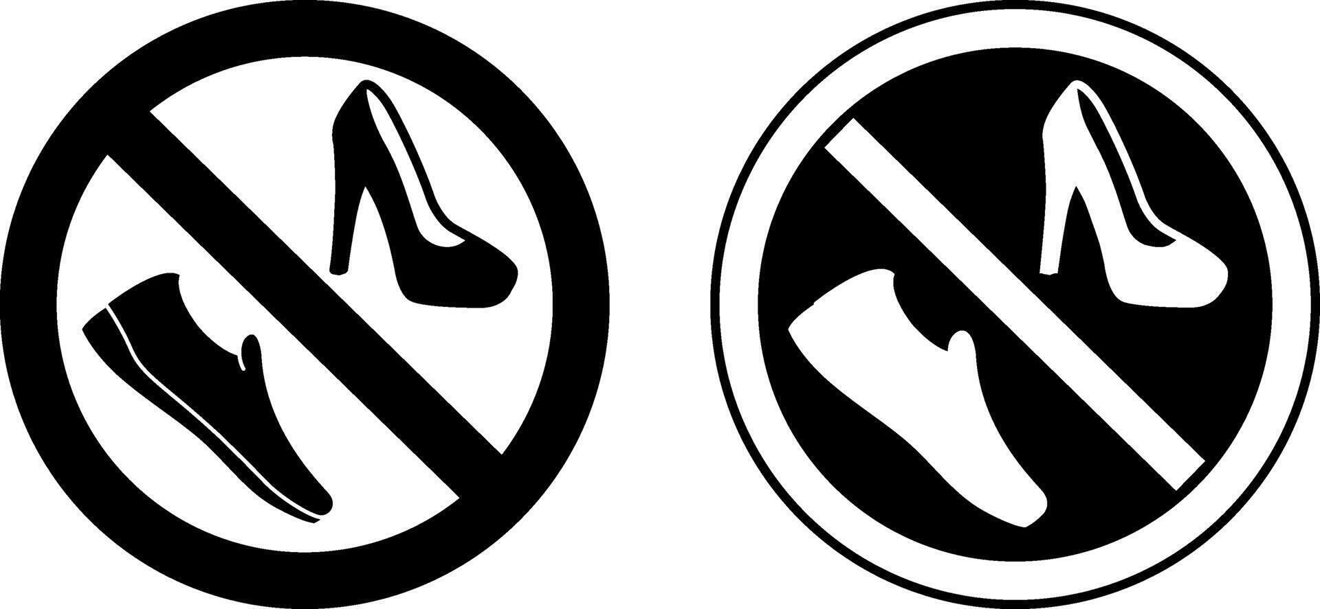 Signs Please No Shoes. Black and White Icons. Round Prohibition Sign. Women's Heeled Shoe and Slippers. Prohibition on Wearing Shoes vector