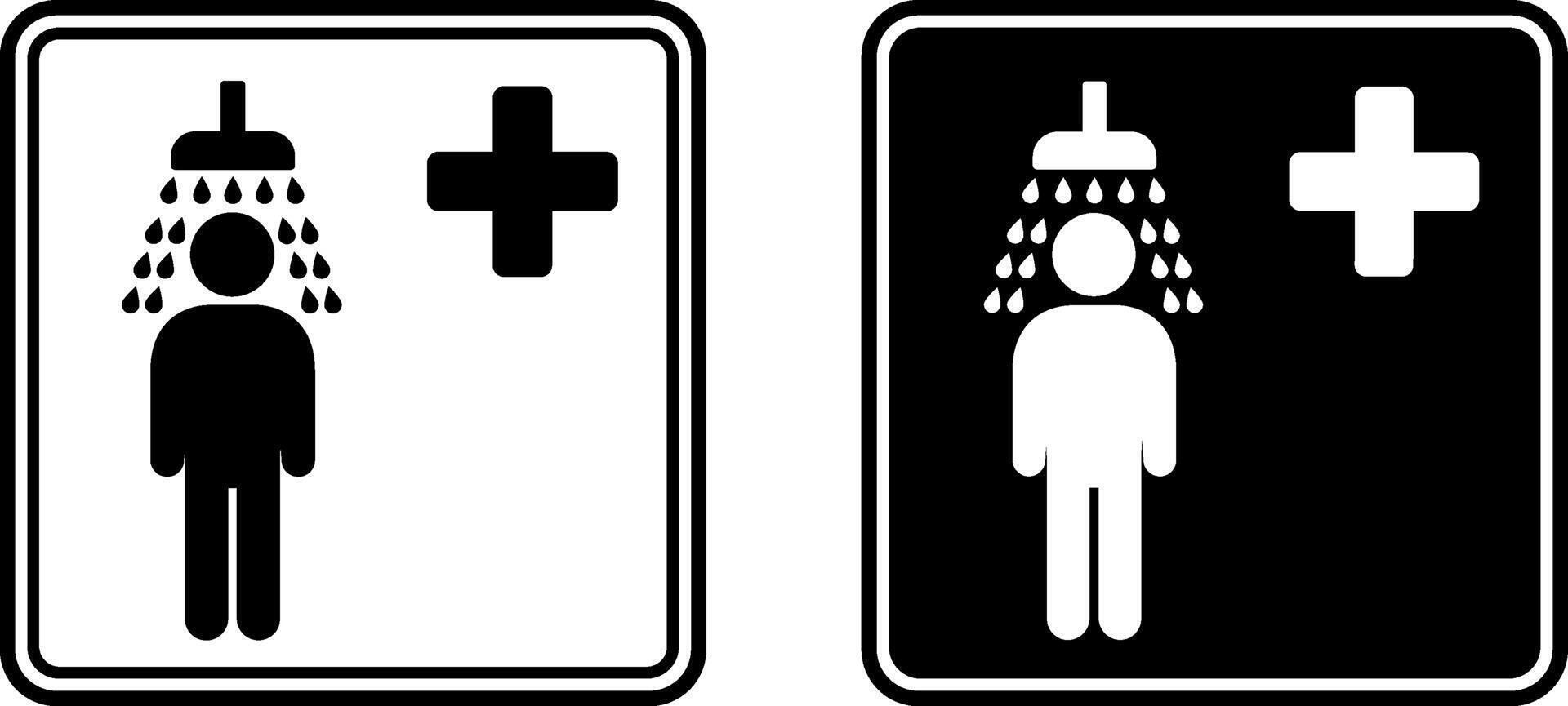 Signs Emergency Shower. Black and White Icons. Industrial Safety Sign. Man Taking a Shower. First Aid in Case of Chemical Splashes vector