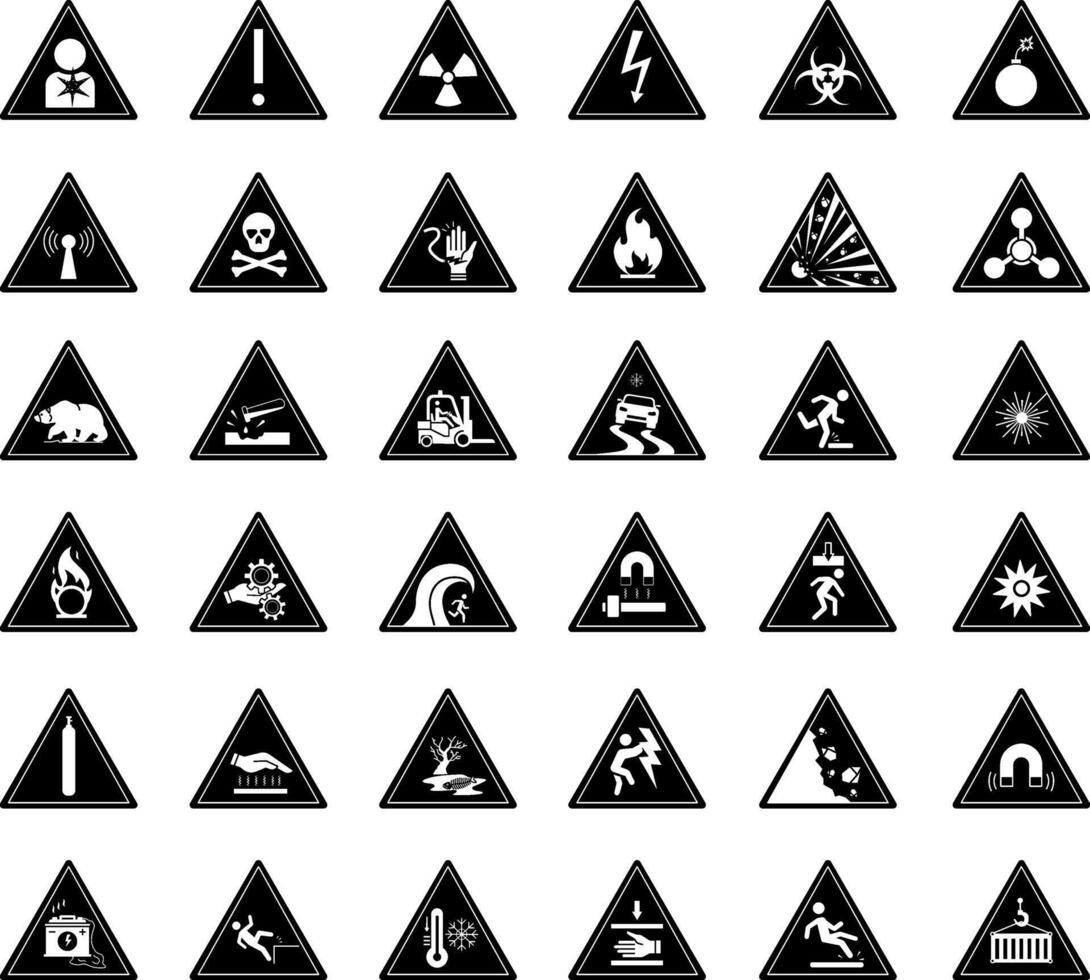 Black Warning Danger Signs. Biological Hazard, High Voltage, Carcinogen, Chemical Weapon, Compressed Gas, Slippery Road, Suspended Load, Crushing Risk, Magnetic Field, and Other vector
