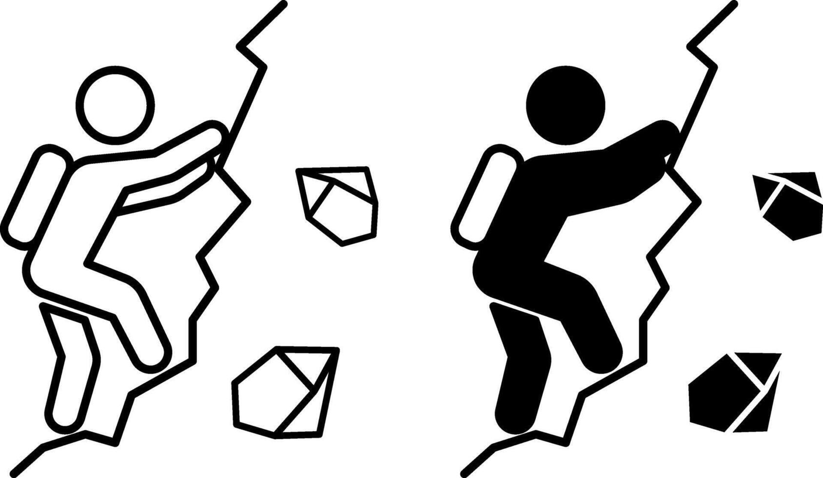 Adventure icons. Black and White Icons. A man with a backpack climbs a mountain. Camping, Rock Climbing, Hiking. Lifestyle and Travel Concept vector