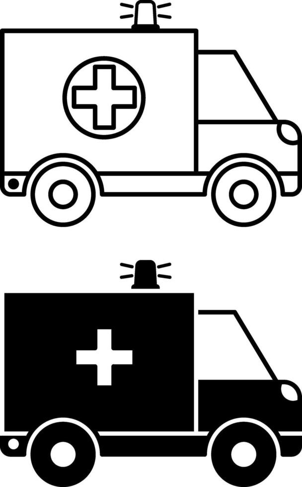Ambulance Icons. Black and White Icons of Medical Car. Vehicle for Providing First Aid to Sick People. Health and Medicine Concept vector