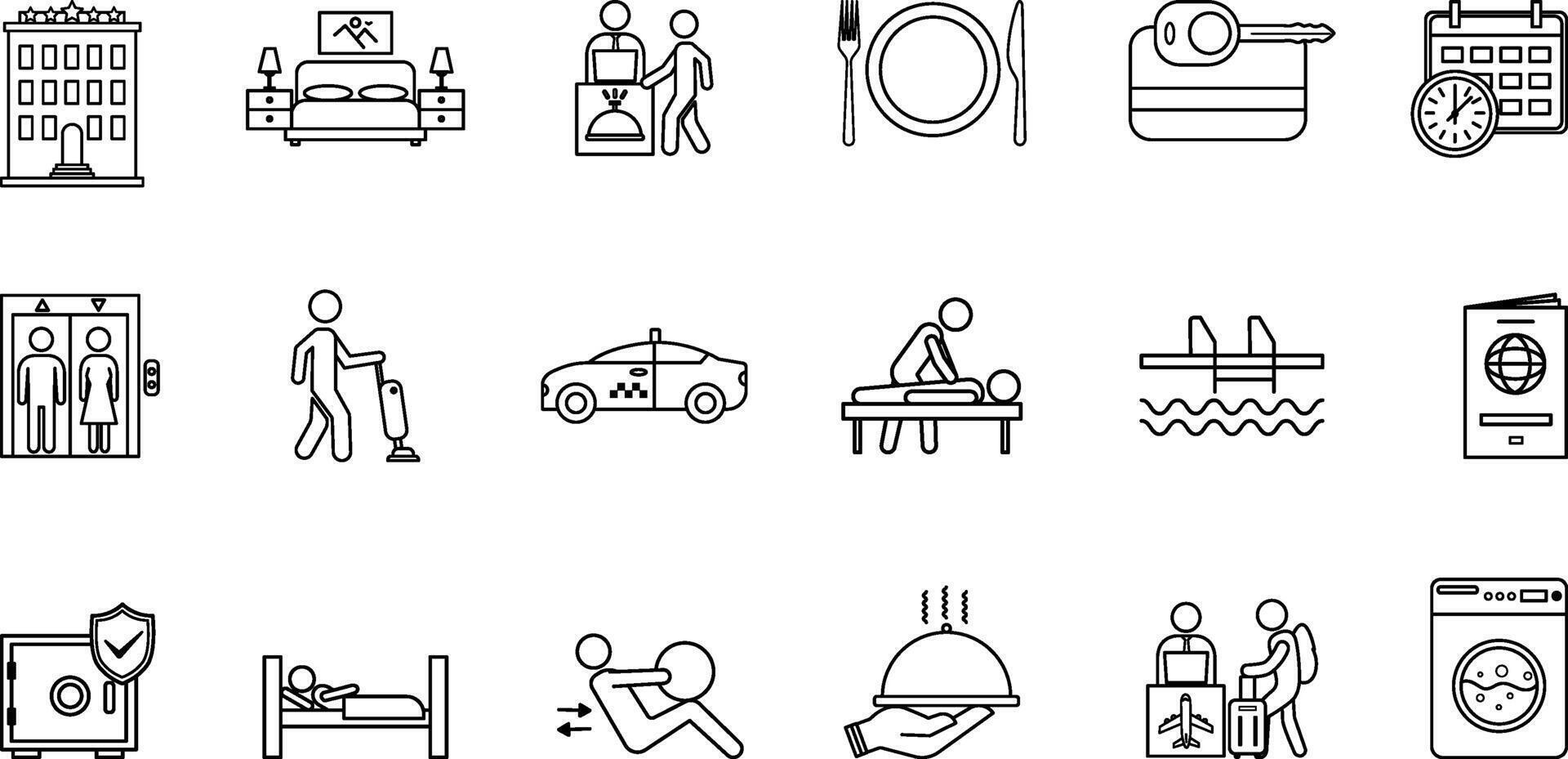 Hotel Icons Set. Icons Room, Taxi, Reservation, Passport, Housekeeping, Massage, Restaurant, Pool, Laundry, Key Card, and Others vector