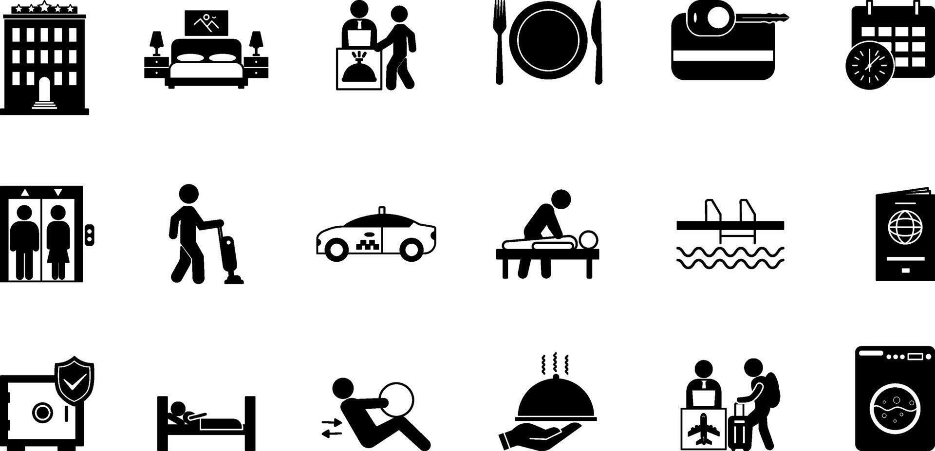 Black Set of Hotel Icons. Icons Room, Taxi, Reservation, Passport, Housekeeping, Massage, Restaurant, Pool, Laundry, Key Card, and Others vector