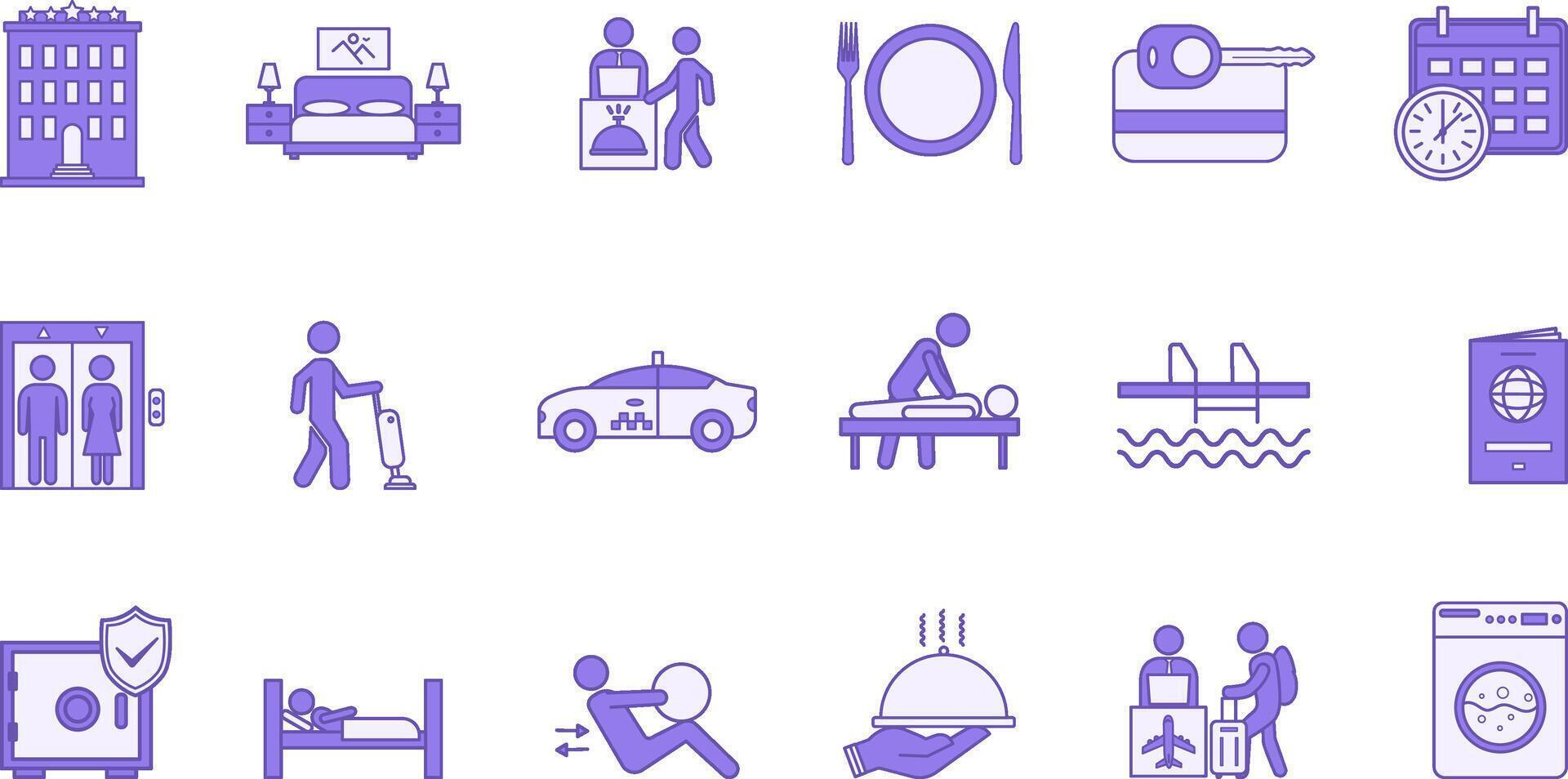 Colored Hotel Icon Set. Icons Room, Taxi, Reservation, Passport, Housekeeping, Massage, Restaurant, Pool, Laundry, Key Card, and Others vector