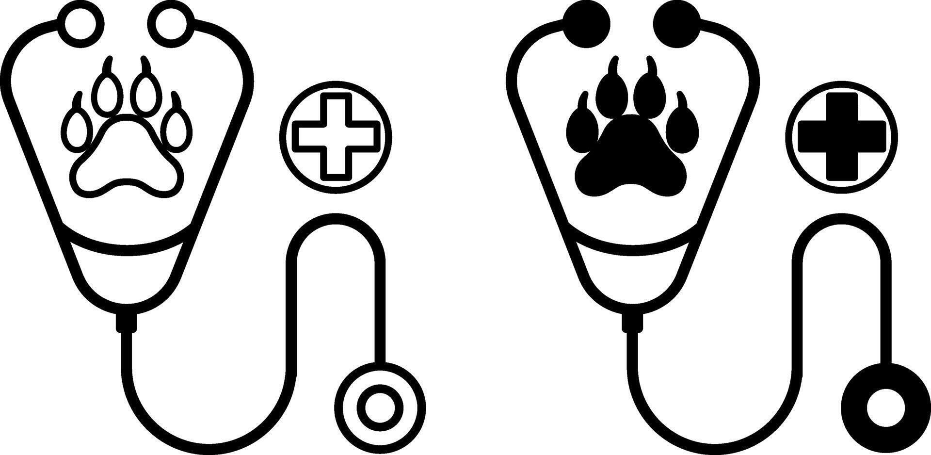 Veterinarian Icons. Black and White Icons. Stethoscope, Animal Paw, and Cross. Animal Treatment, Veterinary Clinic. Pets Concept vector