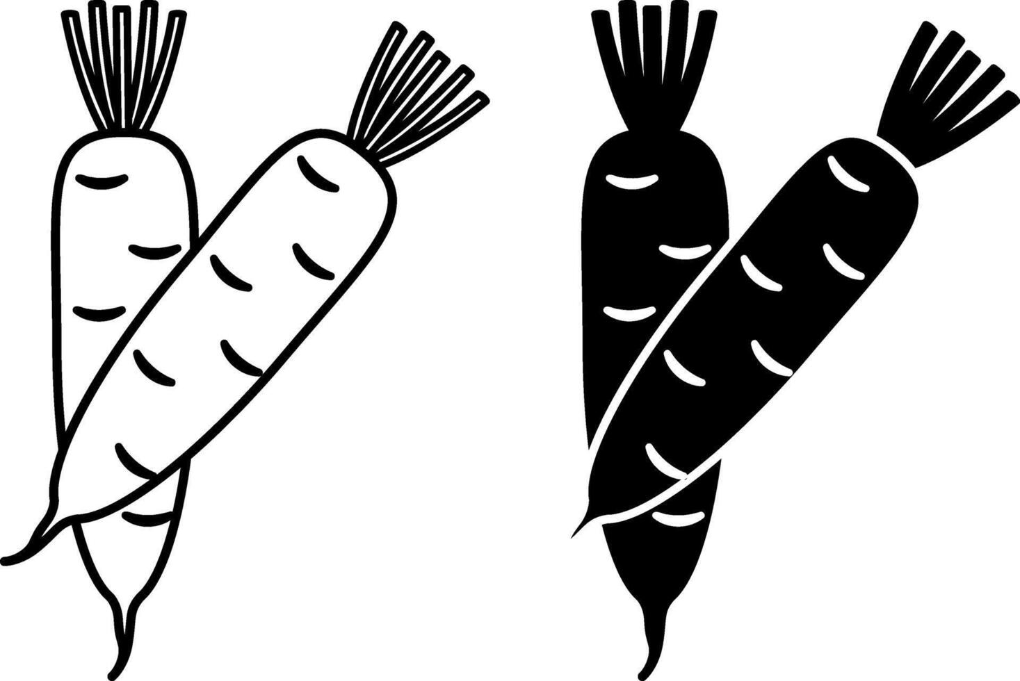Daikon icons. Black and White Icons of Natural and Organic Products. Vegetarian food. Vegetables Concept vector