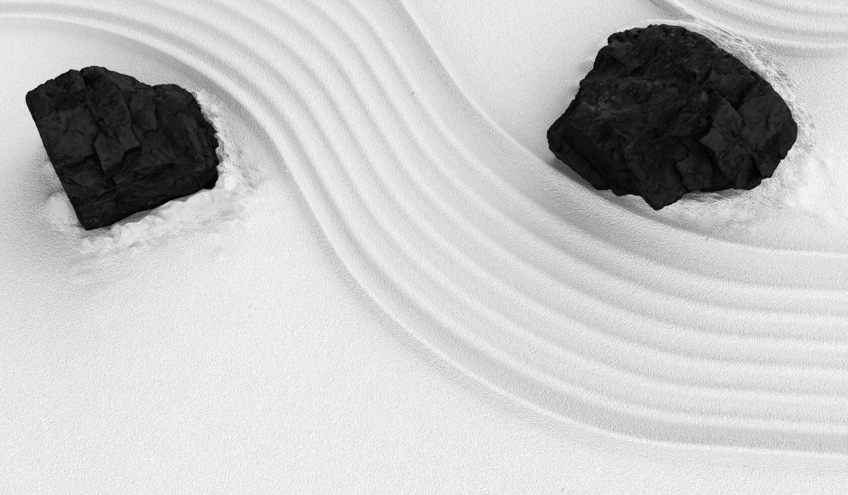 White sand texture with pattern, black stones on fine sand, Japanese ZEN style natural background, 3D illustration. photo