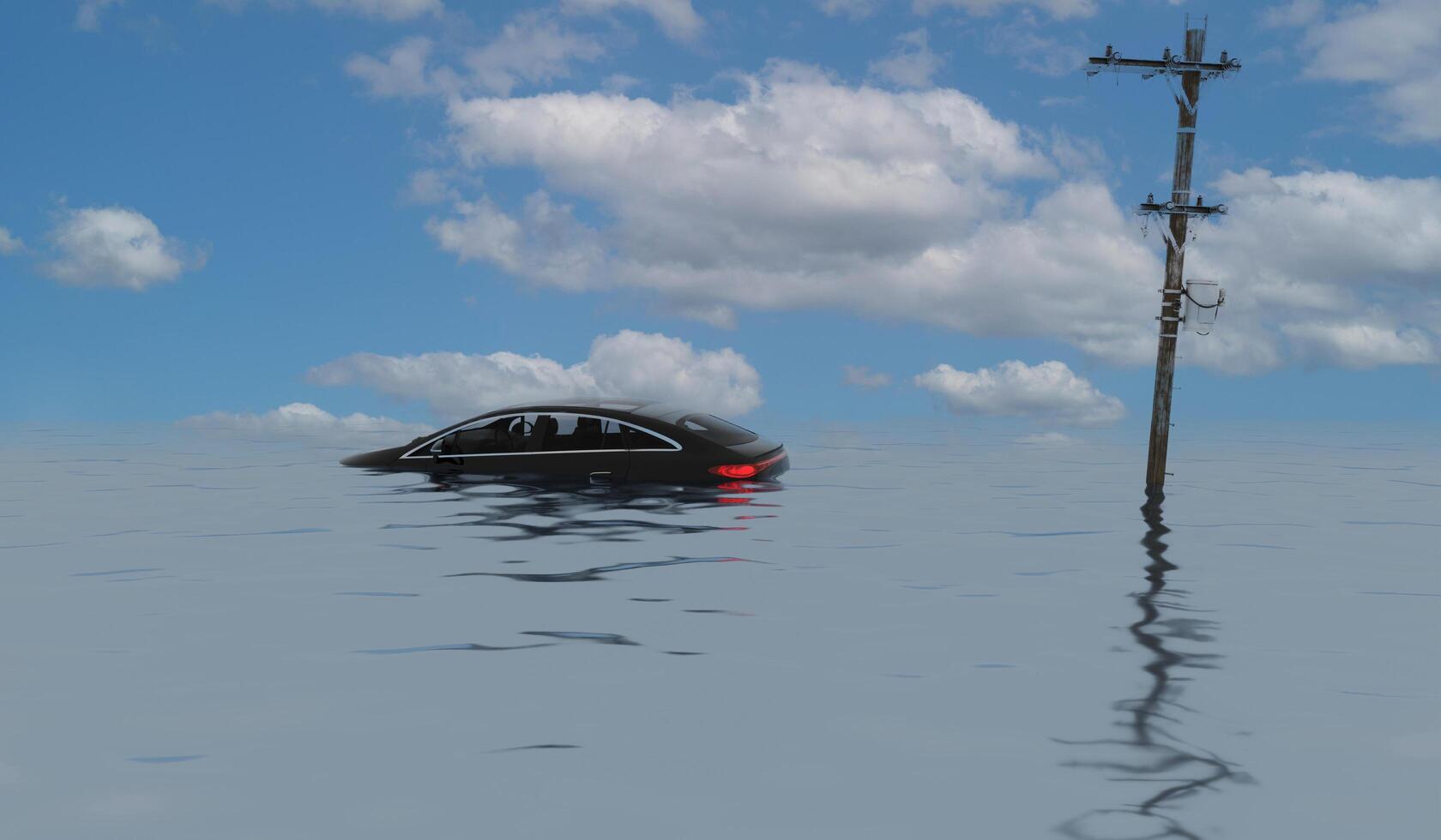 Flooded cars, flooded EV cars, floating cars, 3D illustrations photo