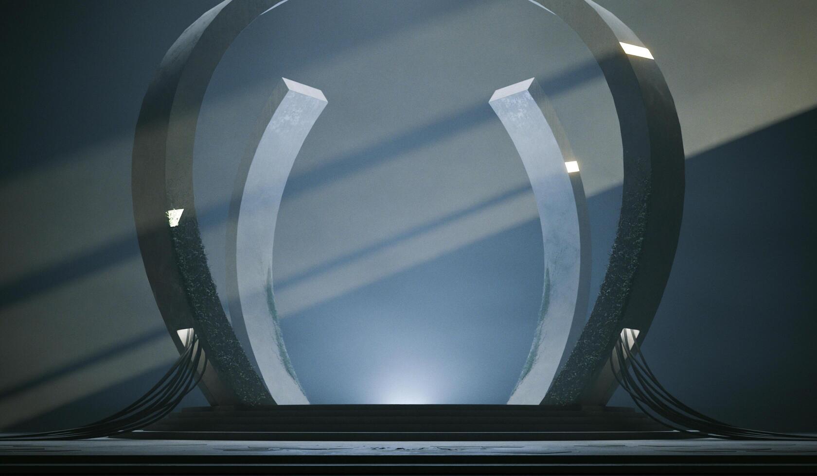 Cement Base Hologram Holographic Base Sci fi Robot Circle Base for High Tech Product Display Studio Platform Cyberpunk Product Podium Grunge Texture Futuristic Technology Scene Concept 3D Rendering photo