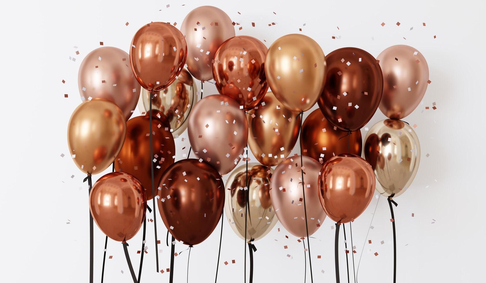 Balloons and confetti. Birthday party. Copy space. Background template with realistic balloons. With confetti ribbon frame and space for greeting text or invitation. 3D rendering festive background. photo