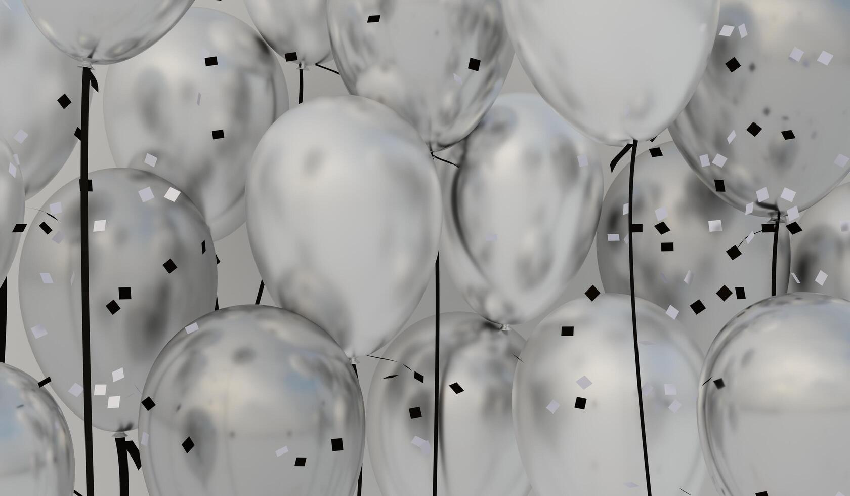 Balloons and confetti. Birthday party. Copy space. Background template with realistic balloons. With confetti ribbon frame and space for greeting text or invitation. 3D rendering festive background. photo