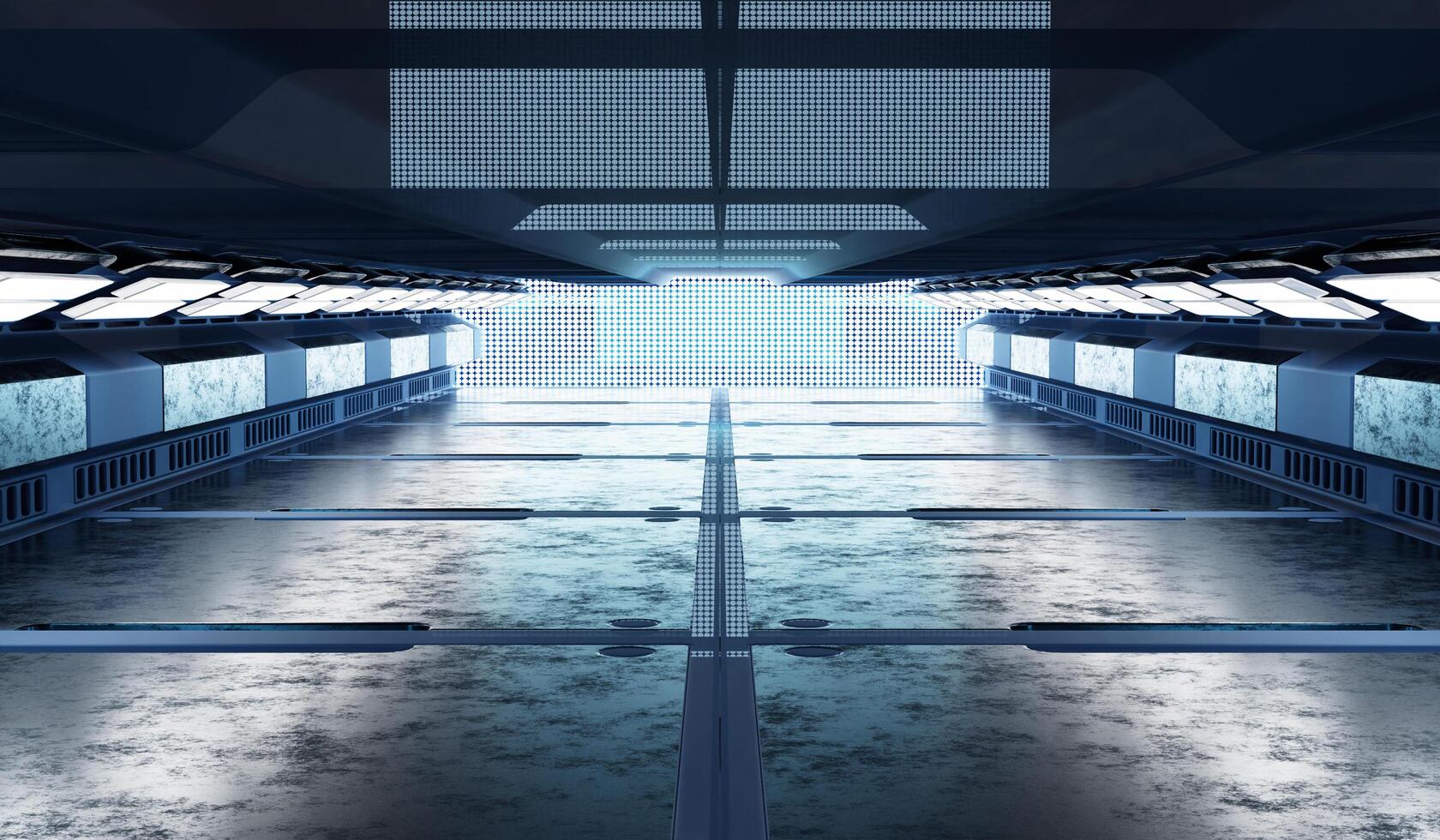 Cyberpunk tunnel corridor, industrial, futuristic,spaceship runway, empty stage in technology tunnel, cement, grunge, concrete, showroom, studio, glowing light at the end, 3d rendering photo