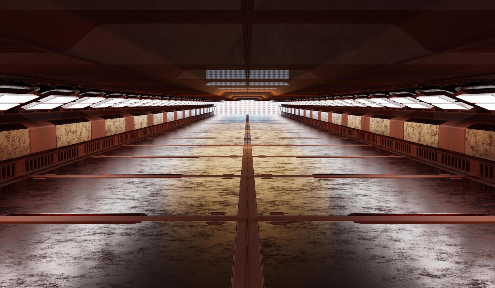 Cyberpunk tunnel corridor, industrial, futuristic,spaceship runway, empty stage in technology tunnel, cement, grunge, concrete, showroom, studio, glowing light at the end, 3d rendering photo