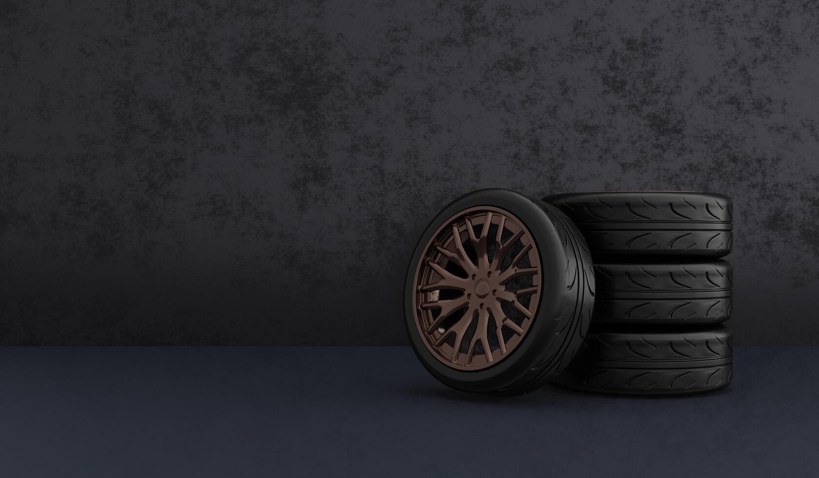 Car wheels, car tires, alloy wheels, anodized rims, black car tires, low profile tires, sporty, modern, on studio background, 3d rendering. photo