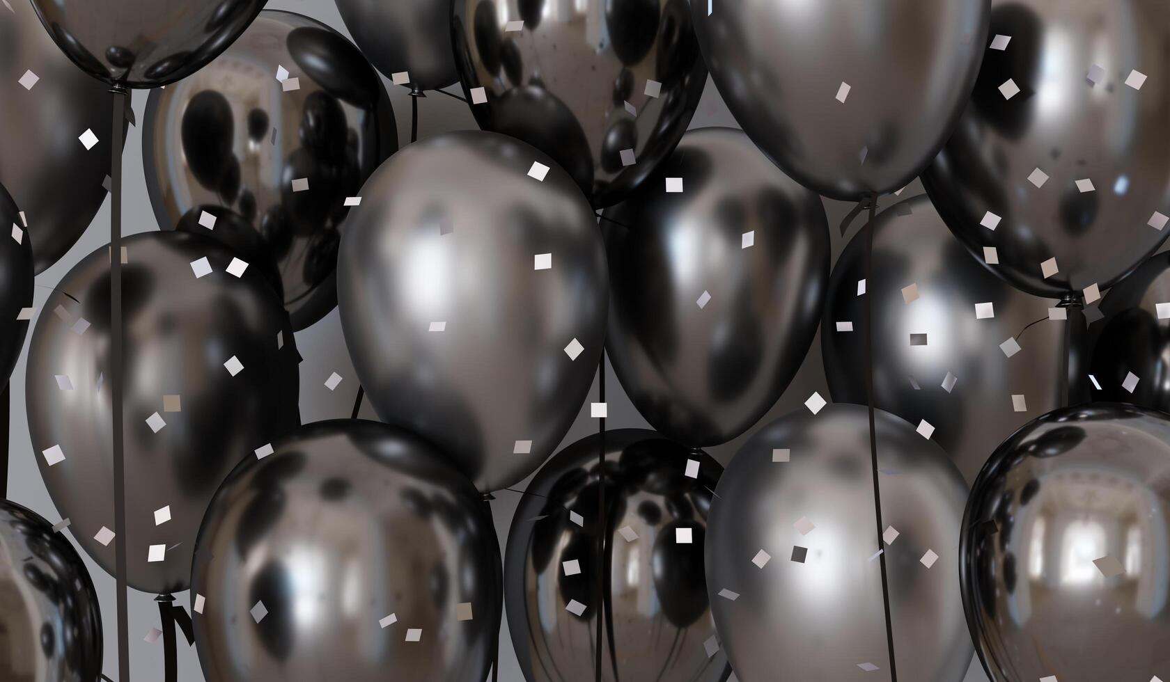Balloons and confetti. Birthday party. Copy space. Background template with realistic balloons. With confetti ribbon frame and space for greeting text or invitation. 3D rendering festive background. photo
