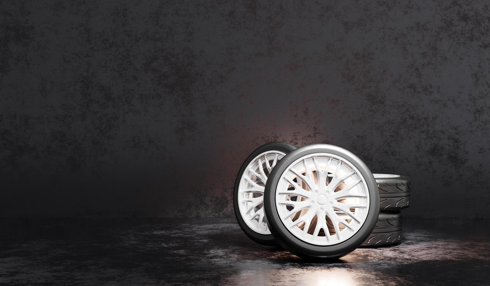 Car wheels, car tires, alloy wheels, anodized rims, black car tires, low profile tires, sporty, modern, on studio background, 3d rendering. photo