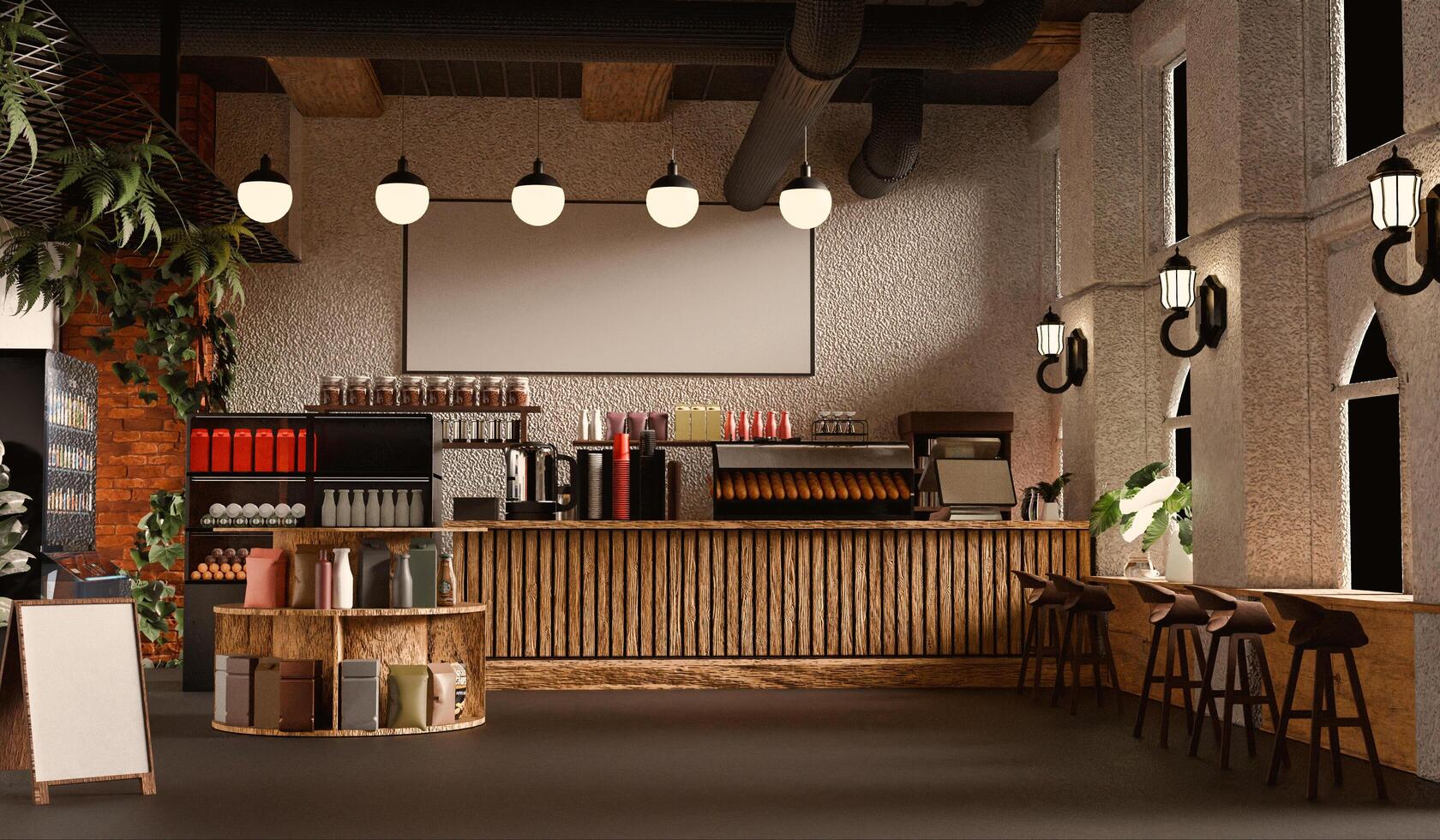 Coffee shop, warm color tones, 3D illustration photo