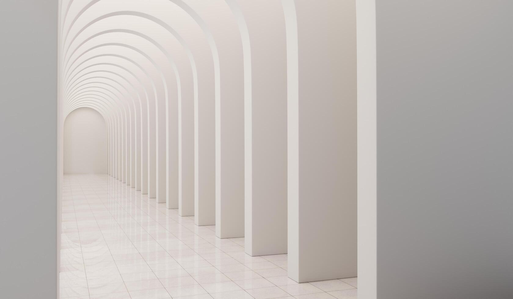 Empty corridor with many white arches in perspective view. Abstract architecture. Archway. Interior design. Step forward. Philosophical classic. Illuminated corridor. 3D illustration photo