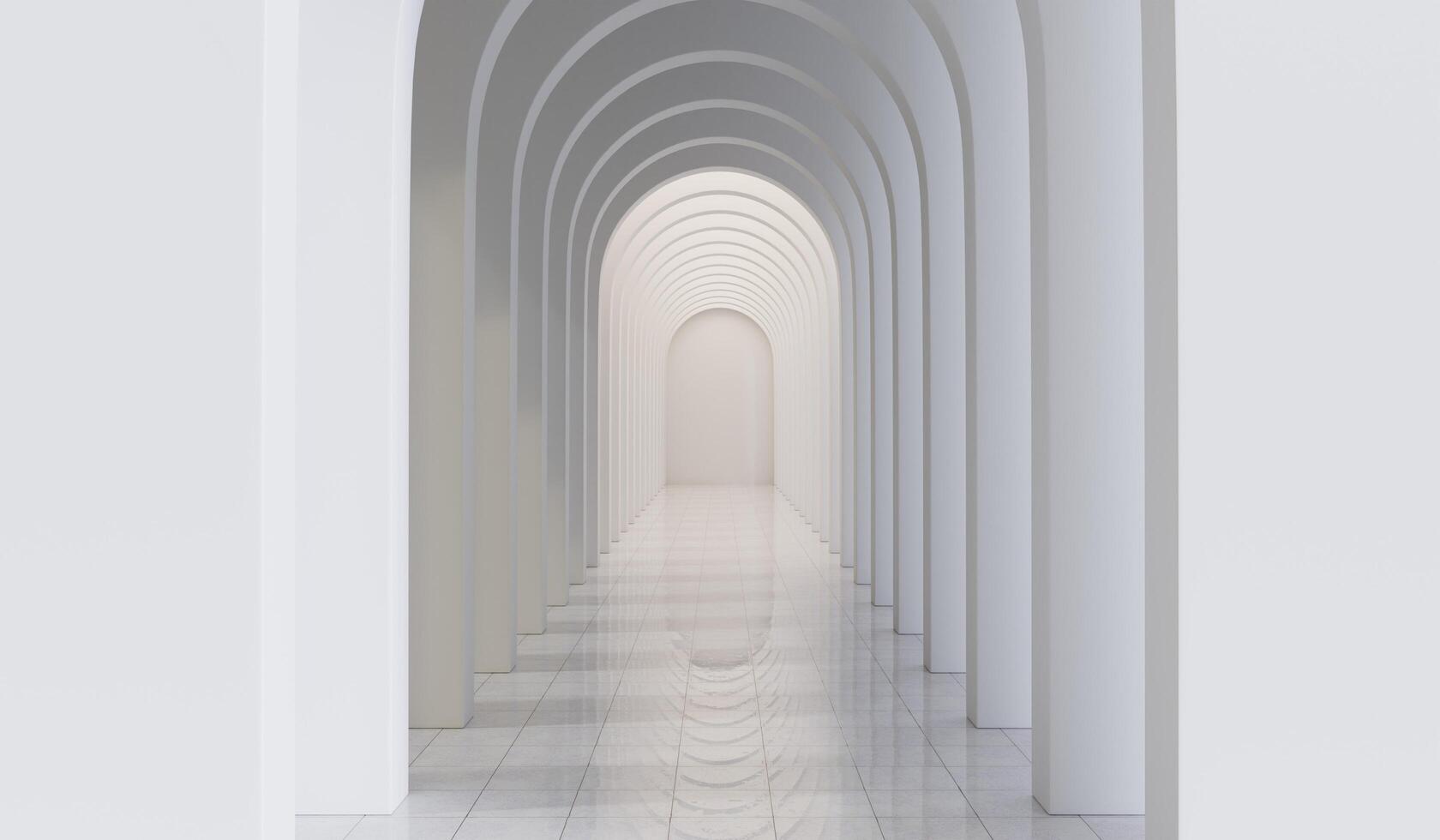 Empty corridor with many white arches in perspective view. Abstract architecture. Archway. Interior design. Step forward. Philosophical classic. Illuminated corridor. 3D illustration photo