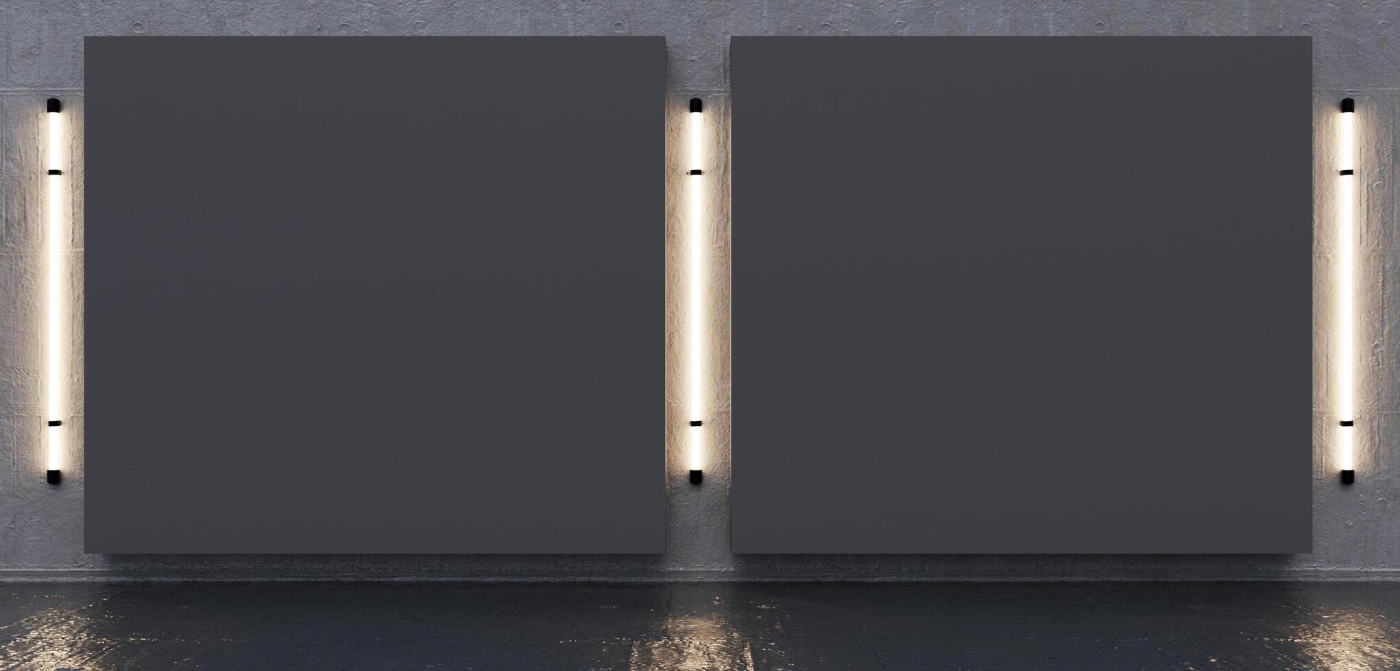 Inside a concrete exhibition hall with modern lighting and blank mock up banners. 3D rendering. Dark room lit with neon lights. Reflections on floor and walls. Empty frames. Picture frames photo