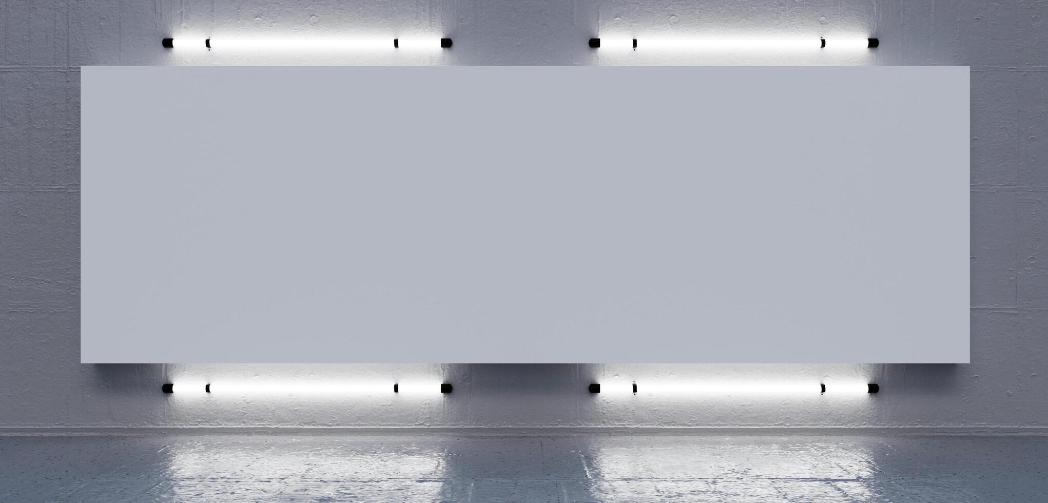Inside a concrete exhibition hall with modern lighting and blank mock up banners. 3D rendering. Dark room lit with neon lights. Reflections on floor and walls. Empty frames. Picture frames photo